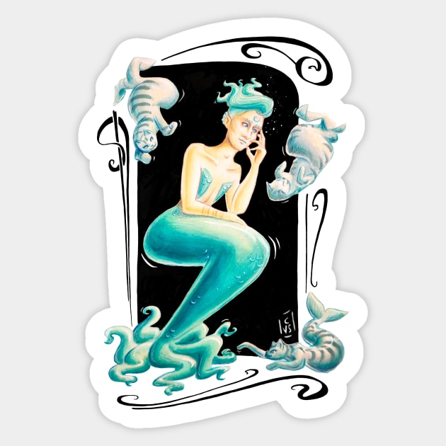 Turquoise mermaid and cat fish Sticker by Cleyvonslay